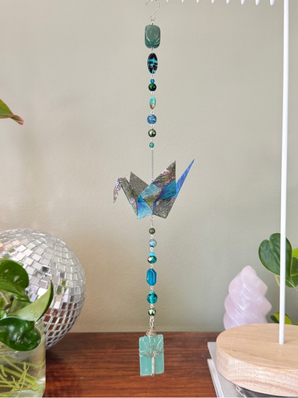 Origami Ornament #2463 - Large Crane with Repurposed Wire Wrapped Pendant